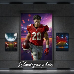 May include: A football player wearing a red jersey with the number 20 on it, holding a football. The player is standing in a stadium with a purple and red background. The text "Elevate your photos" is at the bottom of the image.