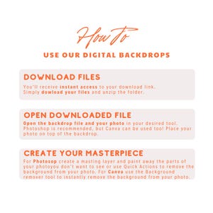 May include: A three-step guide on how to use digital backdrops. The steps are: Download Files, Open Downloaded File, and Create Your Masterpiece. The text is in orange on a white background.