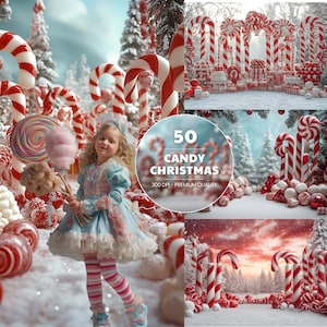May include: A whimsical Christmas scene with candy canes, lollipops, and a young girl in a blue dress. The image features the text "50 Candy Christmas" and is set in a snowy, festive environment with a winter wonderland theme.