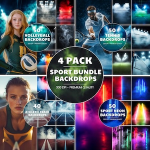 Sports Backdrop Bundle: Overlays and Digital Backdrops | For Volleyball, Tennis, Sport Neon, Athletic Track 4 Pack Bundle