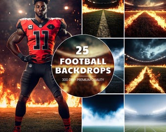May include: A collage of 25 football pitch backdrops with flames and smoke. The backdrops are high-resolution and perfect for adding a dramatic touch to your photos. 25 Football Backdrops - 300 DPI - Premium Quality