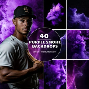 May include: 40 purple smoke backdrops, 300 DPI - Premium Quality. A collection of high-resolution images featuring purple smoke in various shapes and sizes.
