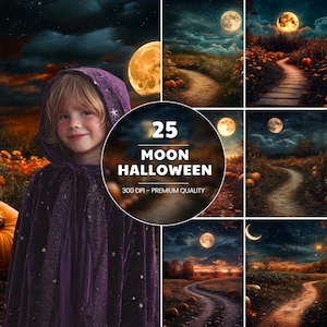 May include: A composite image featuring a child in a purple hooded cloak with star accents, and several landscape scenes with a full moon, winding paths, and pumpkins. The text reads "25 MOON HALLOWEEN 300 DPI - PREMIUM QUALITY."