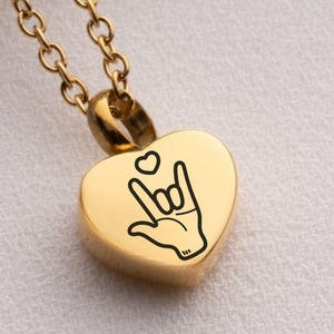 ASL &#39;I Love You&#39; Heart Urn Necklace: Stainless Steel Cremation Jewelry
