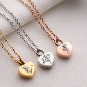 Custom Birth Flower Urn Necklace – Personalized Heart Memorial Jewelry with Name Engraving, Cremation Keepsake Necklace for Ashes