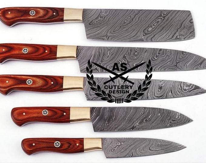 Featured listing image: Custom handmade damascus kitchen knives set 5” with leather bag