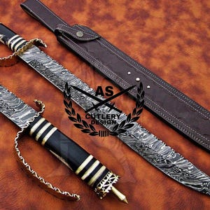 Custom Handmade Damascus Steel Sword & Leather Sheath” Buffalo Horn Handle