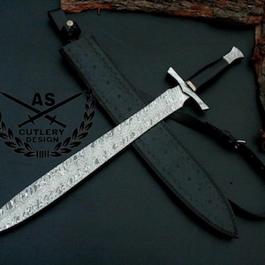 Custom handmade damascus sword steel 32”with leather sheath