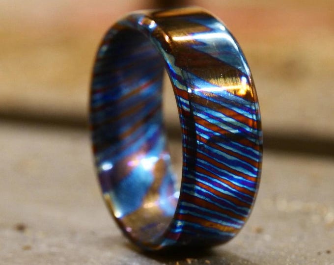 Featured listing image: Custom made flat hammered Timascus titanium handmade engagement ring