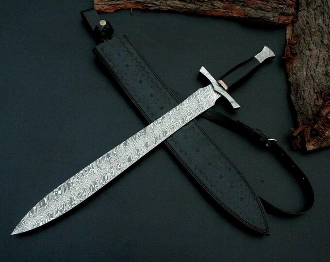 Featured listing image: Custom handmade damascus sword steel 32”with leather sheath