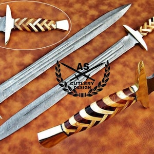 Custom Handmade Damascus Steel Sword & Leather Sheath” Natural Wood Handle