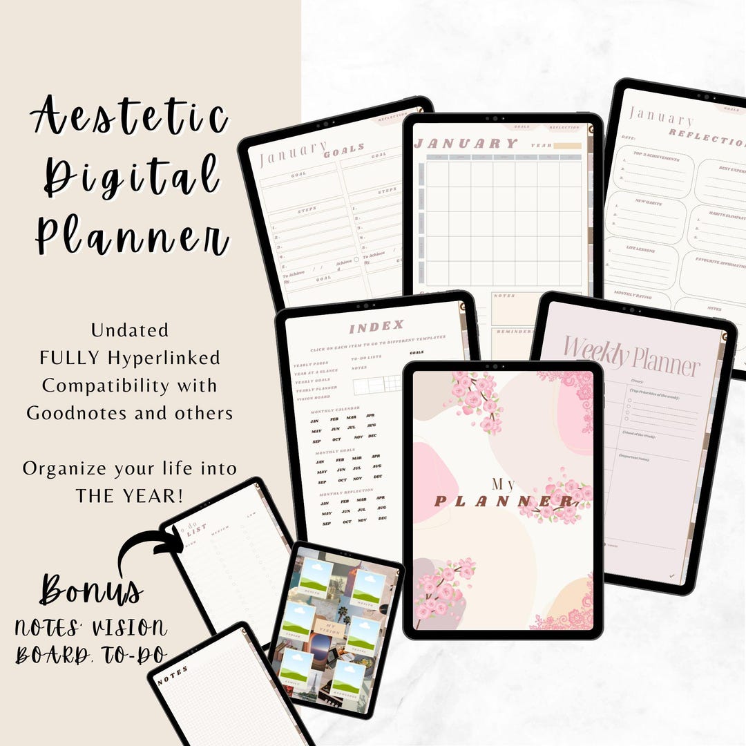 Undated Digital Planner for iPad – Floral Hyperlinked Goodnotes Planner ...