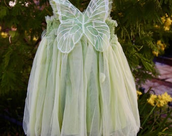 Butterflywing dress, sage green tulle girls party dress with embroidered fairy wings. Cake smash, party dress, flower girl dress