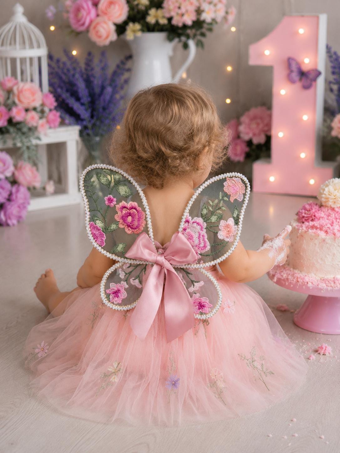 Babies Fairy First, First Birthday Dress, Pink Floral Fairy Wings for 1st Birthday Girl, Cake Smash Outfit, Birthday Photoshoot