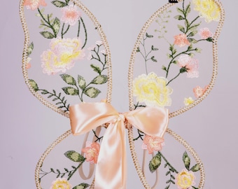 Embroidered fairy wings.  Apricot Pink and Yellow floral butterfly wings, cake smash, fairy garden party, elven party, flower girls.