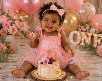 Vestido rosa de fada bordado à mão para primeiro aniversário, macacão personalizado com o número 1, roupa rosa bebê para ensaio fotográfico de aniversário com bolo, vestido de aniversário para bebês, festa de fadas
