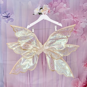 May include: Iridescent fairy wings with gold glitter detailing, hanging on a white hanger. The wings have a layered design and are displayed against a pink and purple floral backdrop. A costume accessory.