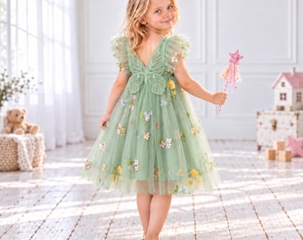 Forest Fairy Dress for Girls and Babies| Sage Green Embroidered Tulle Dress