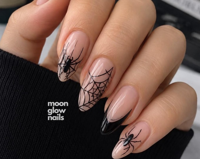 Spider Web Press On Nails, Long Almond Nails, Black French Tip Fake Nails, Halloween Gothic Design, Spooky Night Nails, Gift for Her