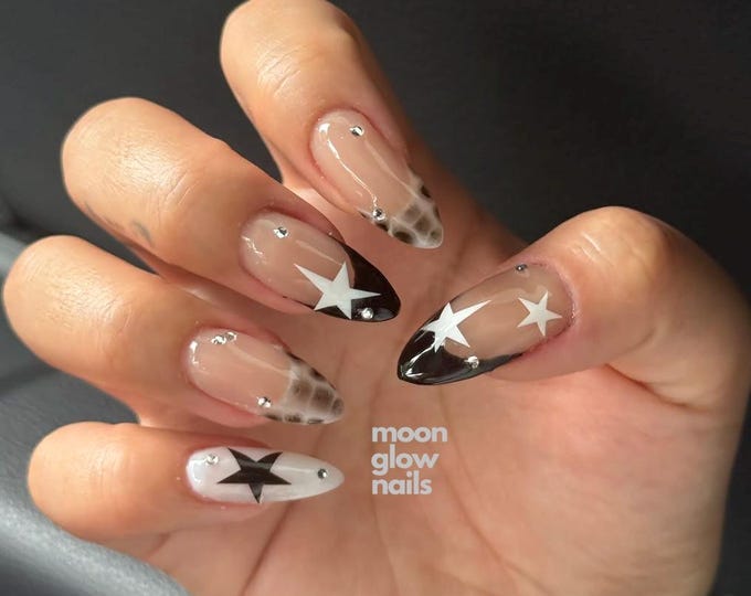Y2K Star Press On Nails, Black & White Celestial Almond Fake Nails