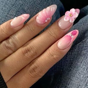 Pink French - Ombre Almond Nails | 3D White Flowers, Pearl Accents & Gel Details | Soft Romantic Summer Press On Nails, Handmade Set, Gift