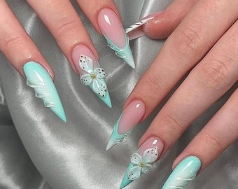 3D Flower Press On Nails: Turquoise Pink Leopard Stiletto - Summer Vacation