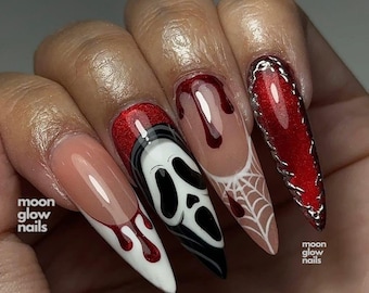 Ghostface Halloween Press On Nails, Blood Drip & White Spider Web Stiletto False Nails, Spooky Horror Movie Fake Nails