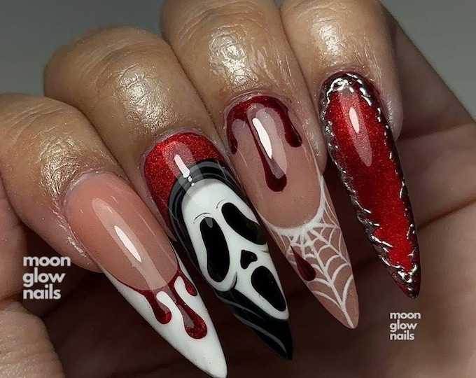Ghostface Halloween Press On Nails, Blood Drip & White Spider Web Stiletto False Nails, Spooky Horror Movie Fake Nails