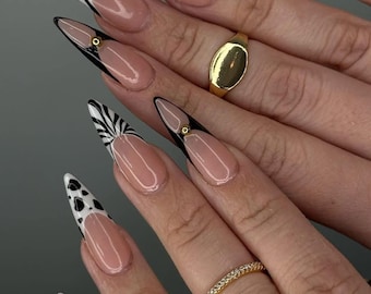 Leopard French Tip Press On Nails: 3D Animal Print, Long Almond, Handmade