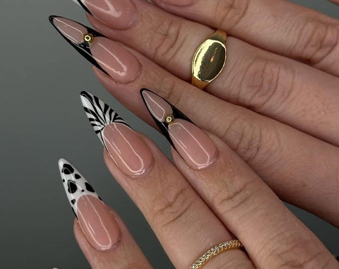 Leopard French Tip Press On Nails: 3D Animal Print, Long Almond, Handmade