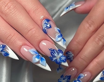 Stiletto White French Press On Nails: Blue 3D Floral, Handmade Summer False Tips