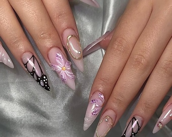 Almond Press On Nails: 3D Gel Black Design, Gold Chrome & Pearl Rhinestones