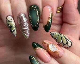 3D Butterfly Press On Nails: Green Chrome Medium Almond Handmade Nail Set