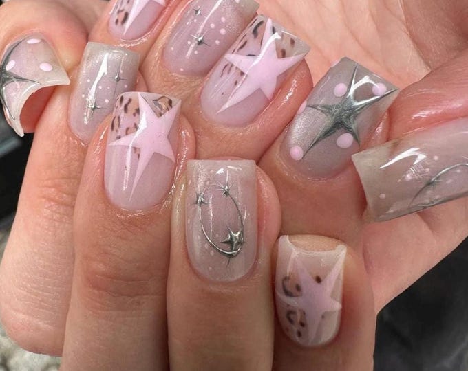 Pink Star Cat Eye Press On Nails, Handmade Leopard Print Fake Nails, Y2K Stargirl Nails for Birthday, Short Press on Nails, Gift for Nail
