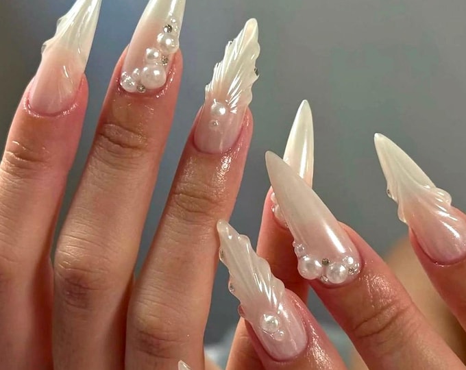 White Angel Wing 3D Press On Nails Stiletto / Pearl Wedding Nails / Crystal Nails / Birthday Nails / Luxury Handmade Nails / Japanese Nails