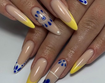 Yellow French Tip Press On Nails: Blue Boho Mediterranean Summer