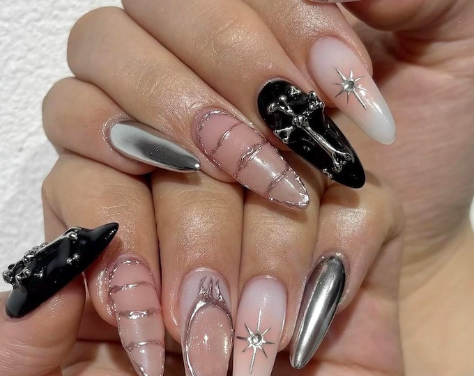 Gothic Chrome Mirror Press On Nails Long Almond Nails, Handmade 3D Silver Cross Fake Nails, Dark Glam Mismatched Nails for Everyday