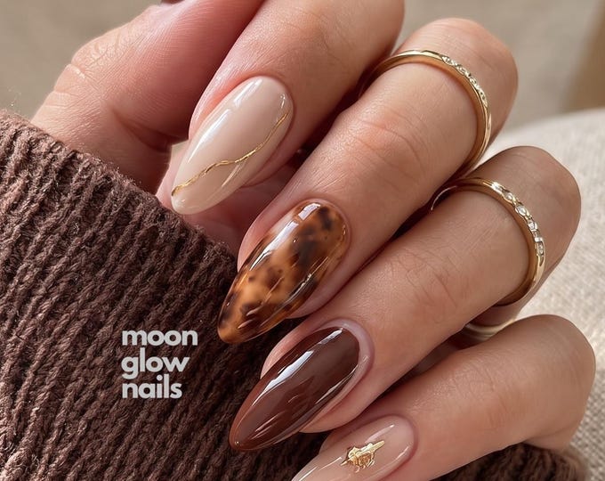 Brown and Nude Long Almond Press On Nails, Tortoise Shell Design with Gold Foil Accents