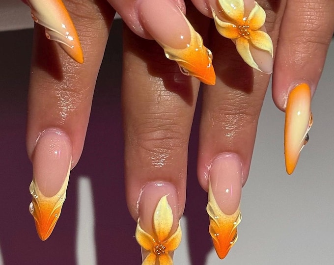 Sunset Ombre Press On Nails: 3D Floral Almond Nails