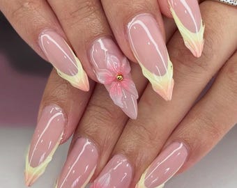 Handmade Pink French Tip Press On Nails: Yellow Floral 3D Gel Almond Nails
