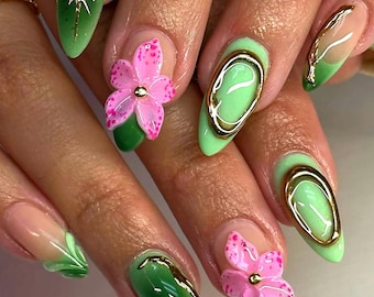 Green Almond Press On Nails: Chrome & 3D Floral Gel Art