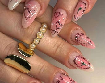 Rose Gold Chrome Heart Press On Nails: Elegant Ribbon Almond Nails