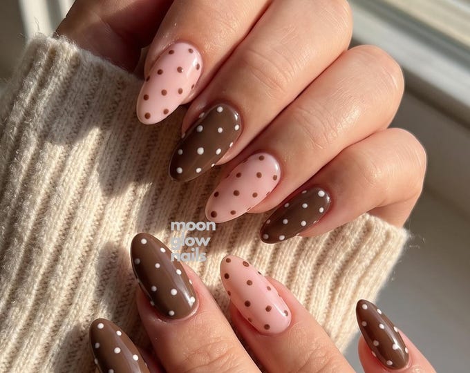 Milky Pink and Brown Almond Press On Nails, Chocolate Polka Dots, Hand Painted White Spots