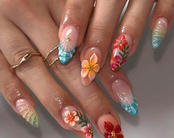 3D Flower Press On Nails: Colorful Ocean Wave Design, Reusable Vacation Nail Set