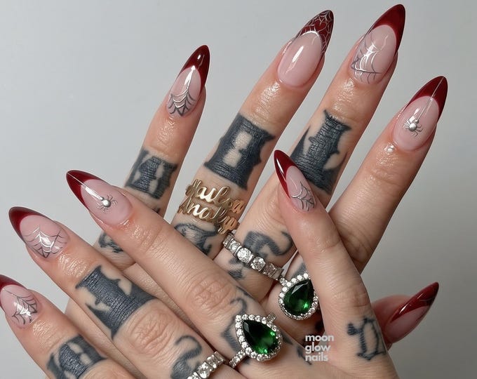 Burgundy French Press On Nails, Silver Spider Web Almond Fake Nails, Elegant Halloween Nail Set