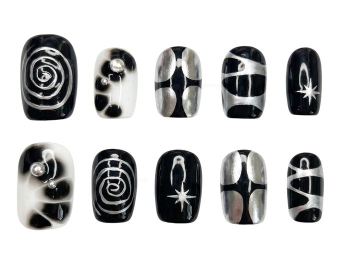 Black Silver Abstract Star Press On Nails | Y2K Cyber Chrome Set