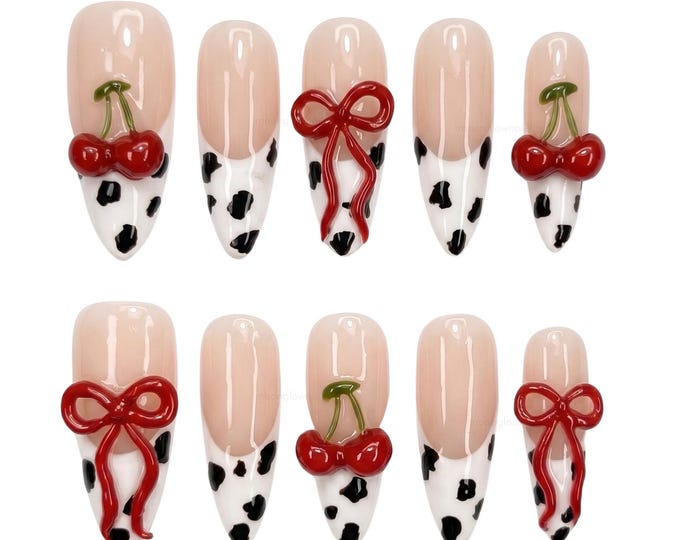 Cherry Bow Cow Print French Tip Nails | Coquette Press On Set
