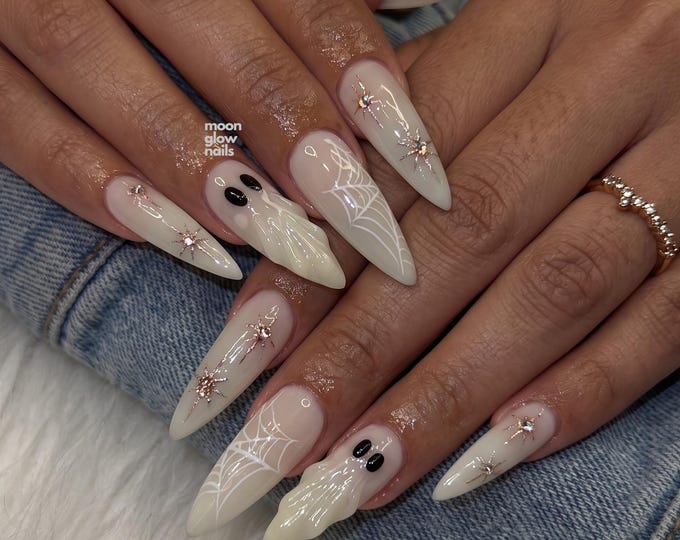 3D Ghost Press On Nails with Gold Stars & Milky Base - Handmade Halloween Almond Stiletto Fake Nails, Spooky Cute Set