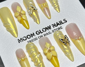 Yellow Press On Nails: 3D Floral Butterfly Almond Glam Nails