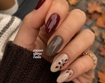 Burgundy Fall Almond Press On Nails, Hand Painted Leaf Design, Taupe Gray and Cream Nude